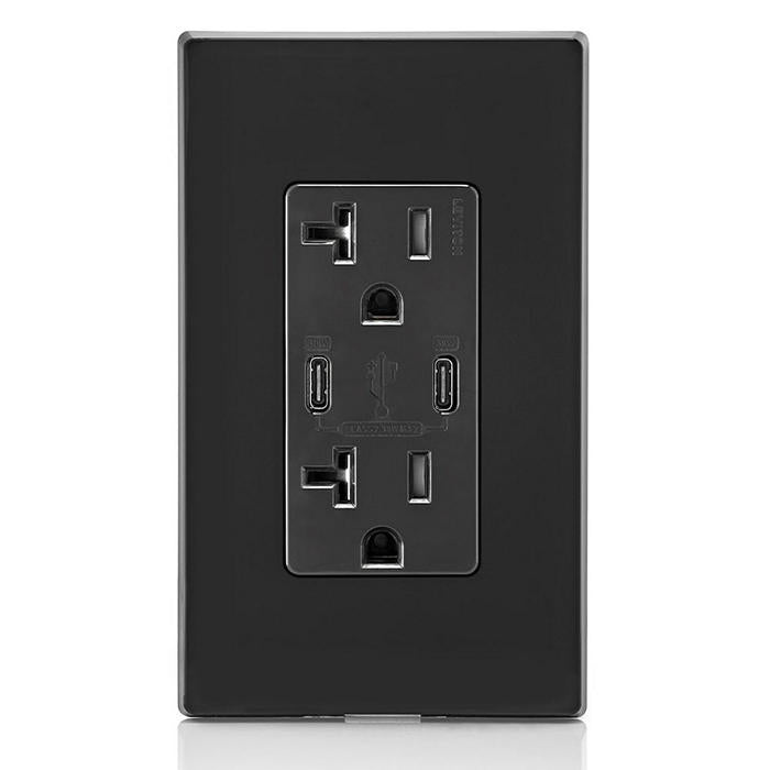 Leviton T5835-E 30W (6A) USB Dual Type-C/C Power Delivery Wall Outlet Charger with 20A