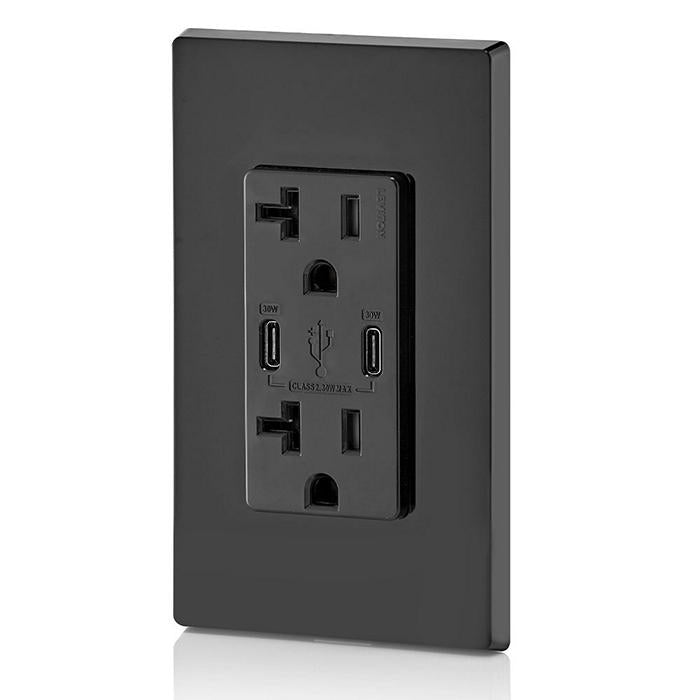 Leviton T5835-E 30W (6A) USB Dual Type-C/C Power Delivery Wall Outlet Charger with 20A