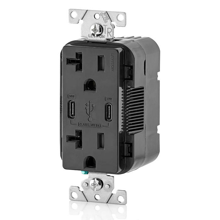Leviton T5835-E 30W (6A) USB Dual Type-C/C Power Delivery Wall Outlet Charger with 20A