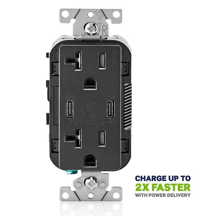 Leviton T5835-E 30W (6A) USB Dual Type-C/C Power Delivery Wall Outlet Charger with 20A