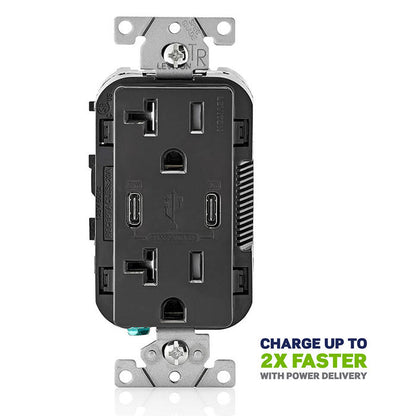 Leviton T5835-E 30W (6A) USB Dual Type-C/C Power Delivery Wall Outlet Charger with 20A